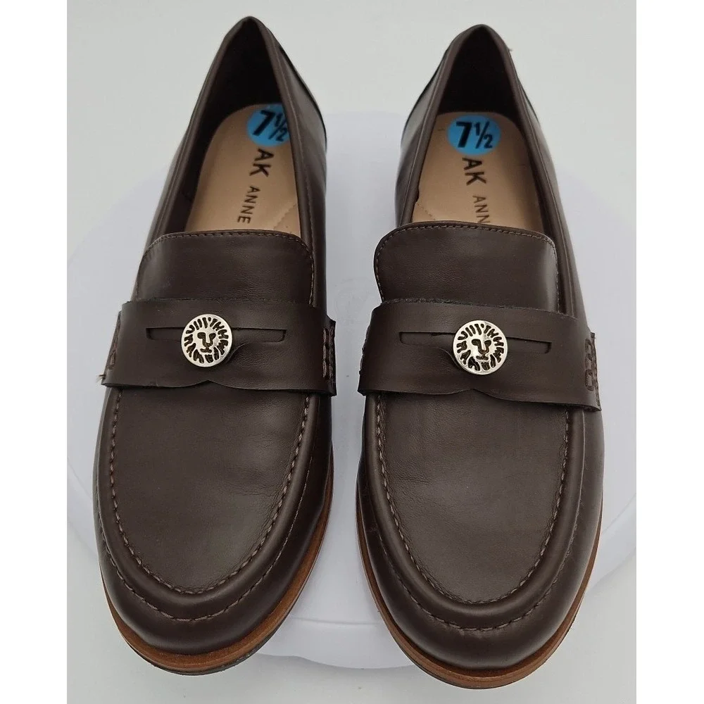 Anne Klein AK Brown Soft Leather iFlex Dress Penny Loafers Gold Logo W/7.5 NWOB